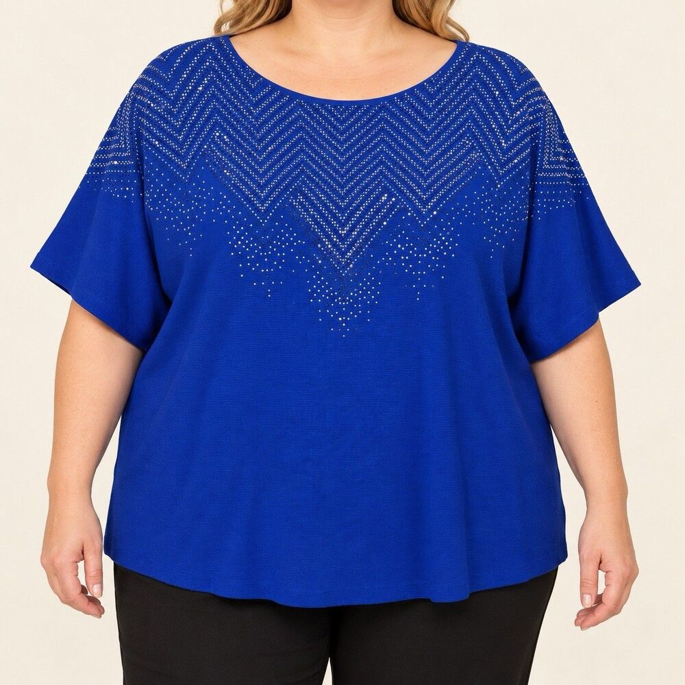 Luna Blue Rhinestone Chevron Knit Round Neck Short Sleeve Blouse 3X WE228BX